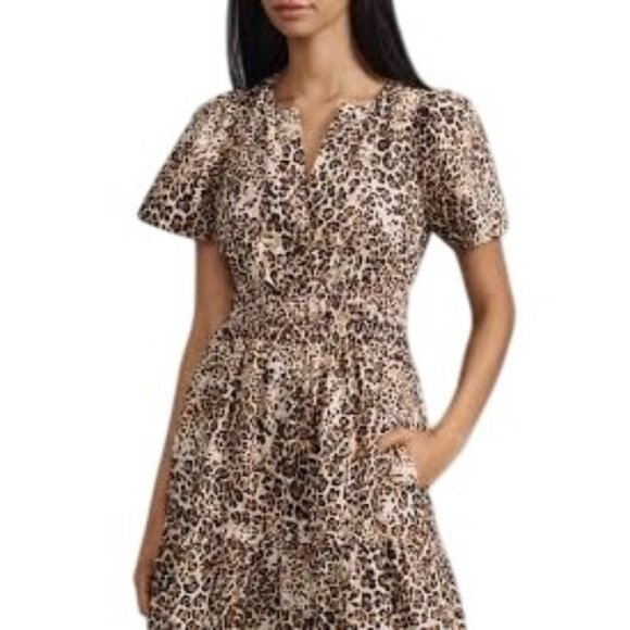 Anthropologie Somerset collection Maxi Dress Leopard Print Short Sleeves & Smock - Picture 1 of 10